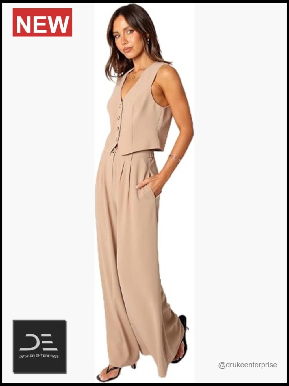 Women's Two Piece Vest Top and Pants Set - Sleeveless Crop Top with Button Front